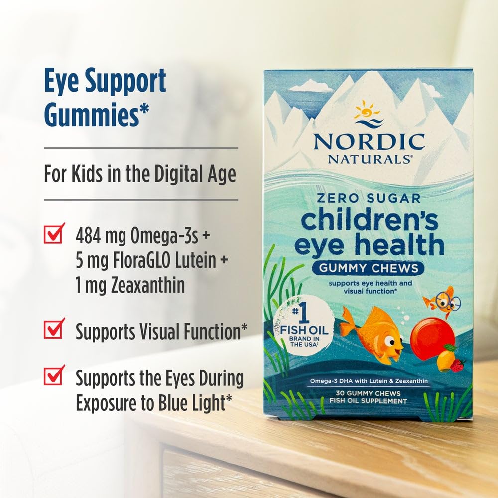 Nordic Naturals Kids Eye Health gummies in official packaging, promoting visual function and support for digital age eyes. Available at Curat Cart.