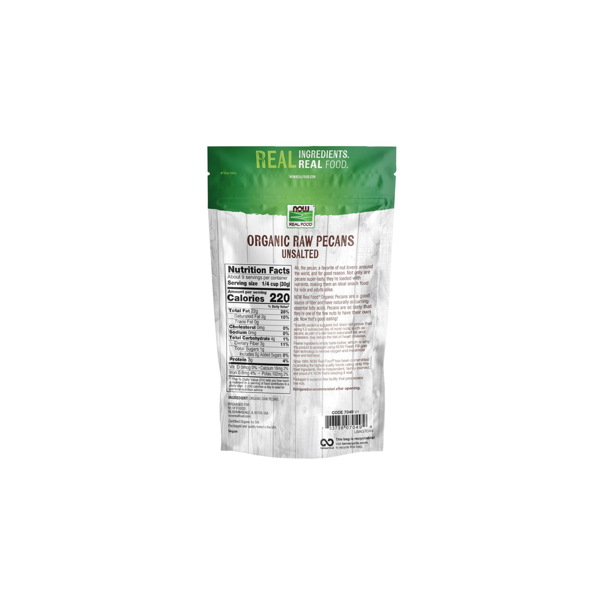 NOW Real Food Organic Raw Pecans, unsalted. Available in India for convenient online ordering.