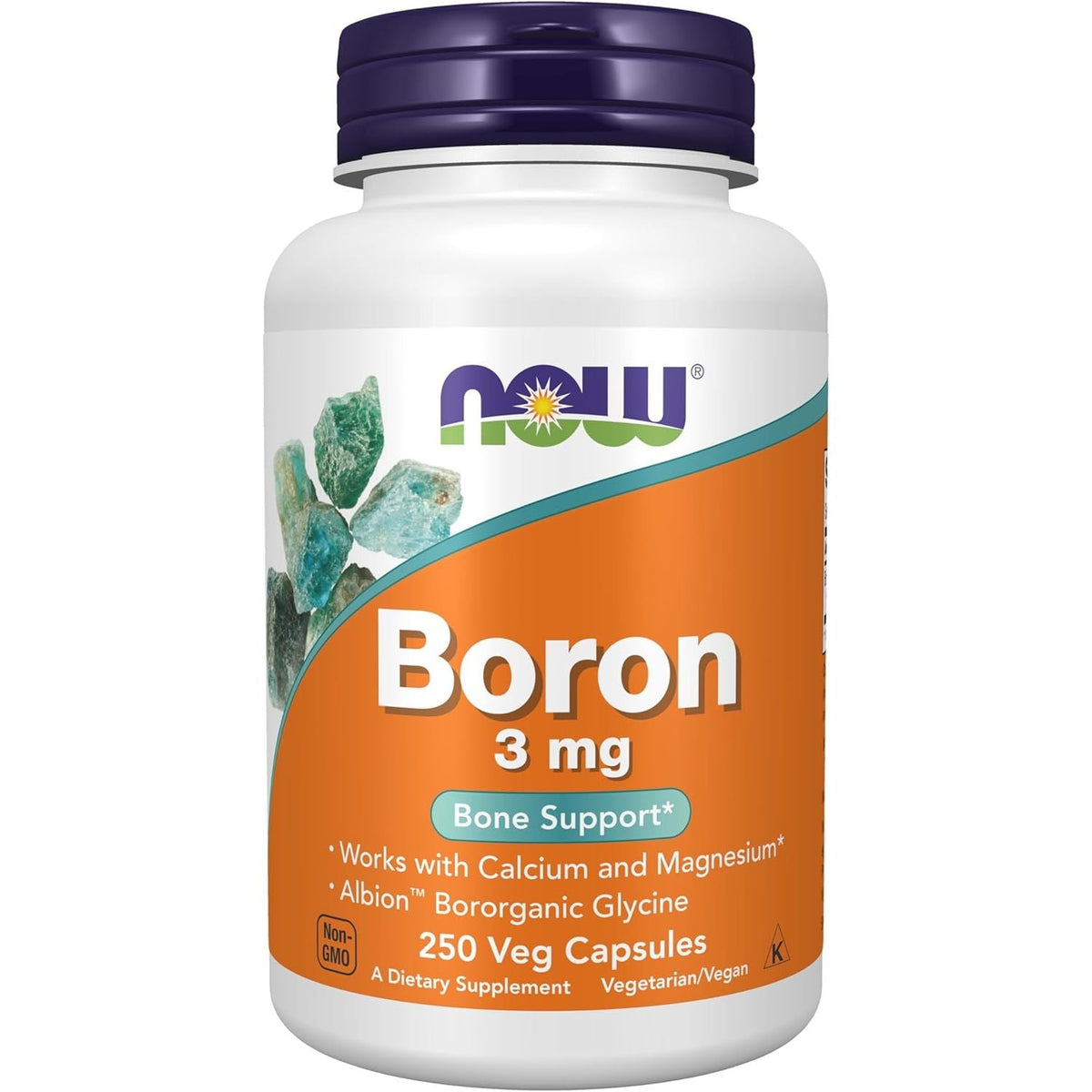 NOW Supplements Boron 3 mg, premium imported for bone support, featuring 250 vegetarian capsules for health.