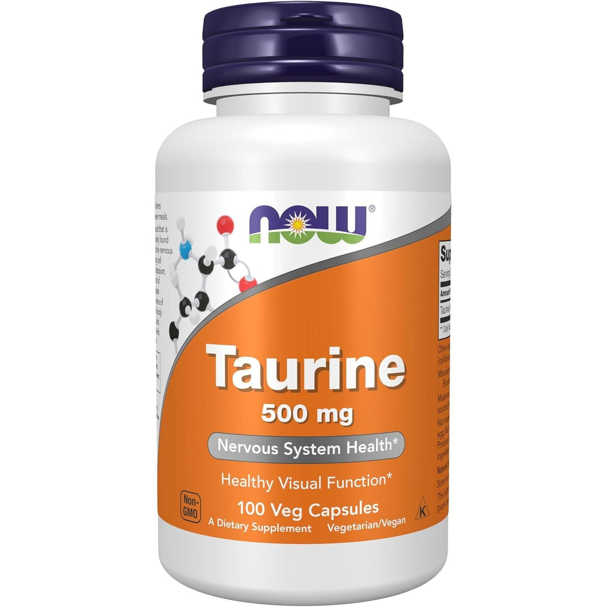 Discover NOW Taurine 500 mg, a 100% genuine supplement for nervous system health and visual function, in vegan capsules.