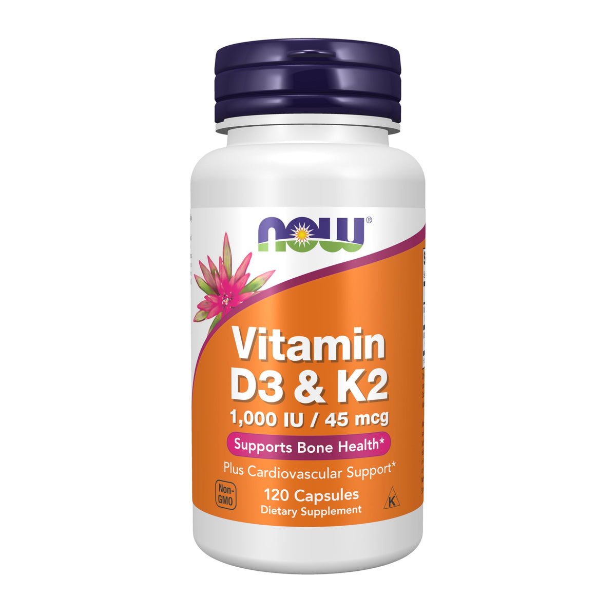 Premium imported NOW Supplements Vitamin D3 K2, 120 capsules supporting bone health and cardiovascular wellness.