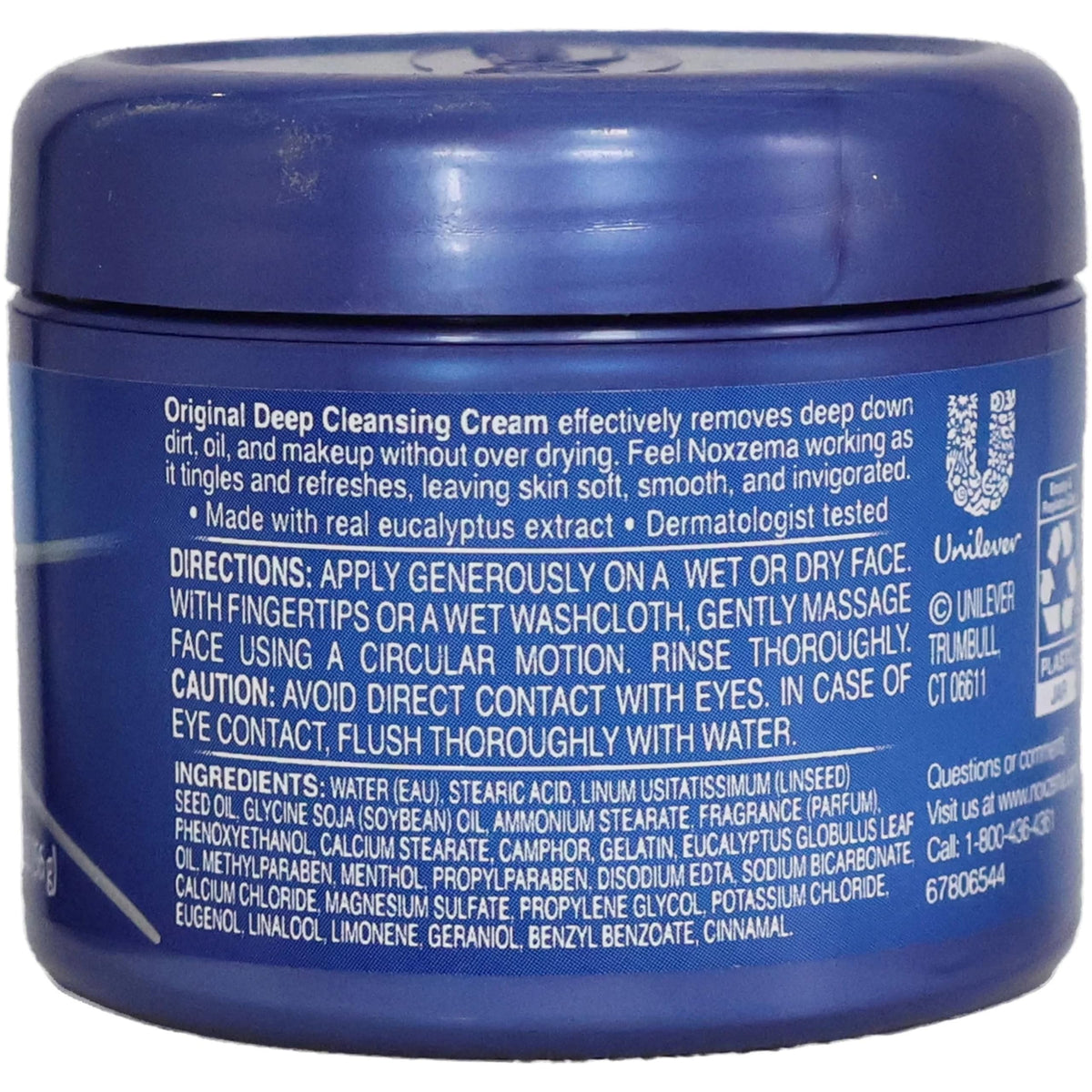 Original Noxzema Classic Clean Cleanser jar with directions for use, featuring a blue container and clear labeling.