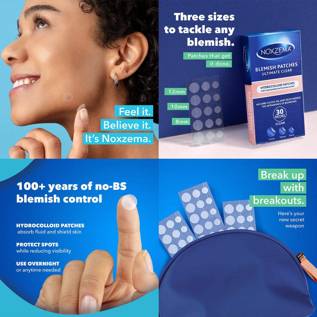 Noxzema Ultimate Clear Pimple Patches in three sizes. Hydrocolloid patches provide effective blemish control for clear skin.