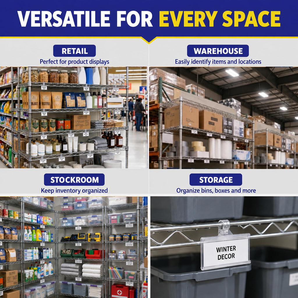 NuBliss Wire Shelf Label Holders enhance organization in retail, warehouse, stockroom, and storage. 100% Authentic, Available in India at Curat Cart.
