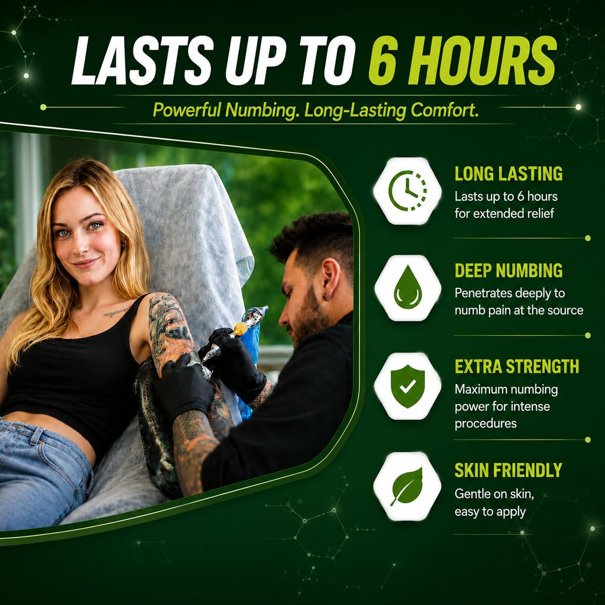 Powerful extra strength numbing cream in a 2 pack, providing long-lasting comfort and deep skin penetration for tattoo procedures.