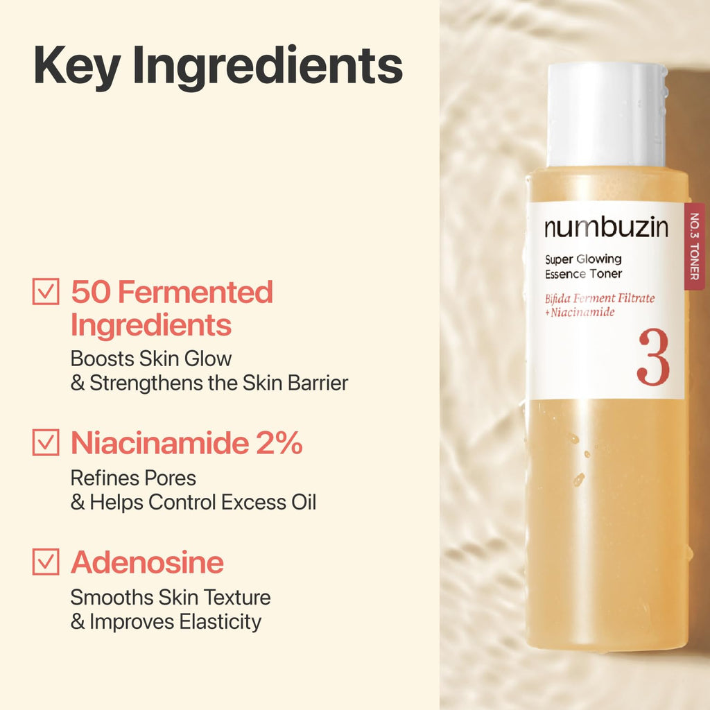 Premium imported toner featuring 50 fermented ingredients, niacinamide, and adenosine for glowing, smooth skin.