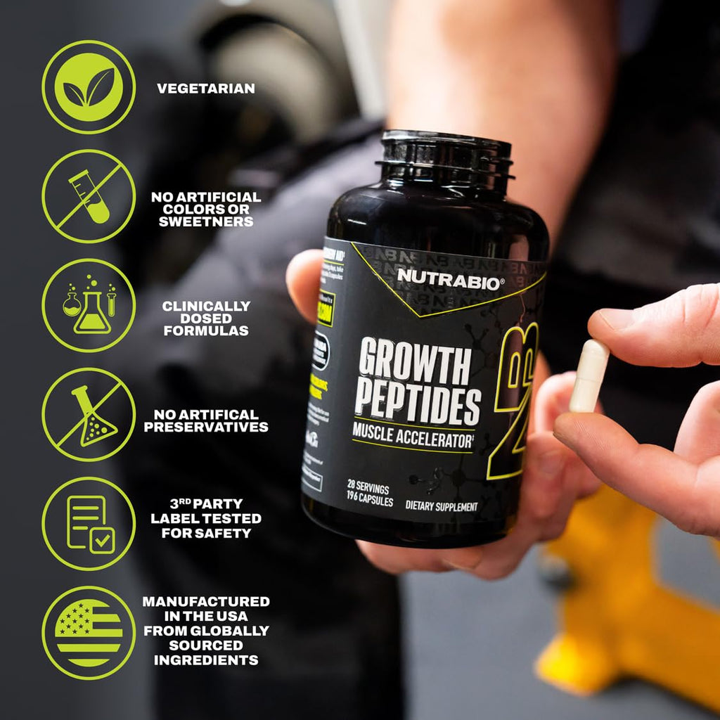 NutraBio Growth Peptides Muscle Accelerator in premium imported packaging, featuring vegetarian capsules and clinically dosed formulas. Available at Curat Cart.