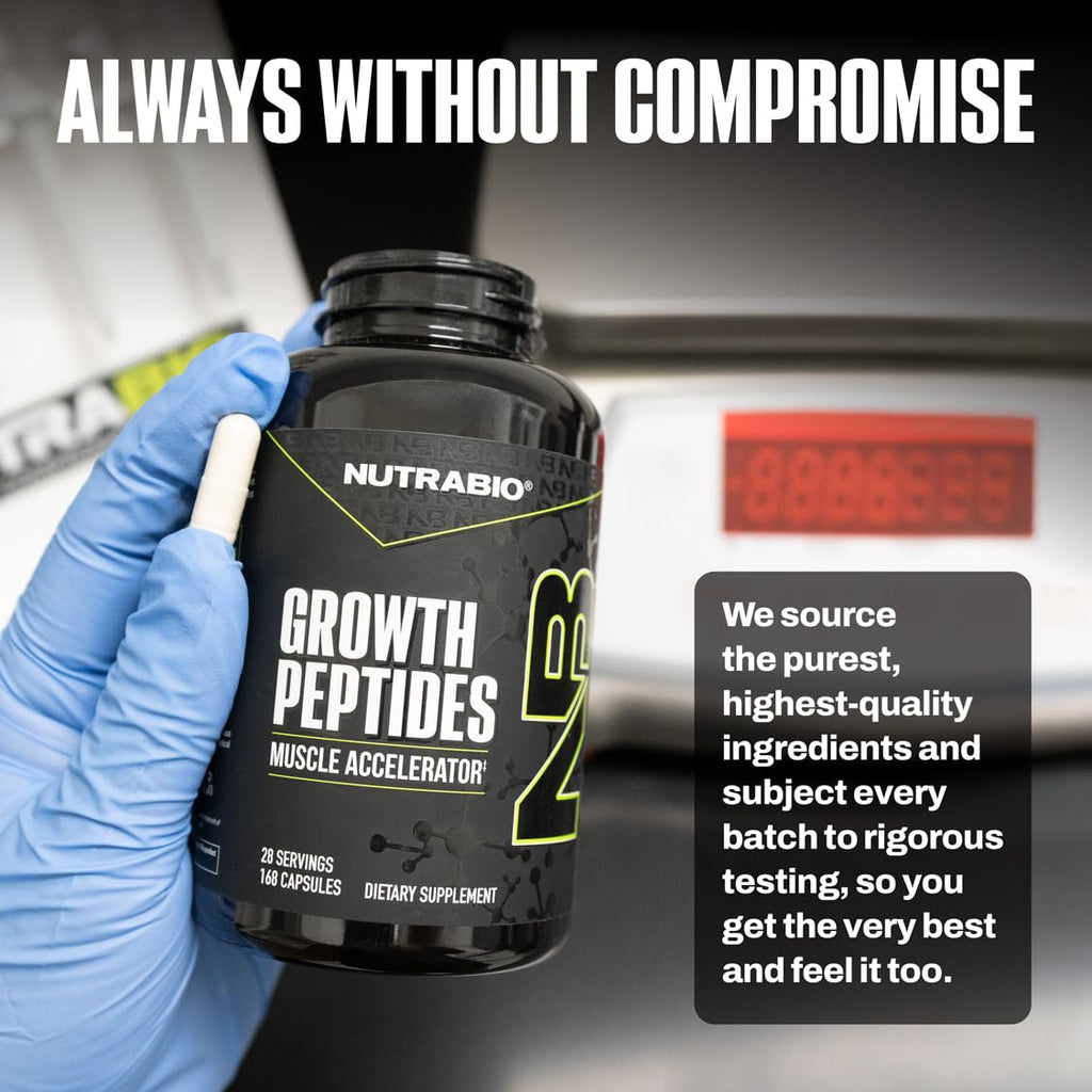 NutraBio Growth Peptides Muscle Accelerator in official packaging, showcasing high-quality ingredients for optimal performance. Available at Curat Cart.