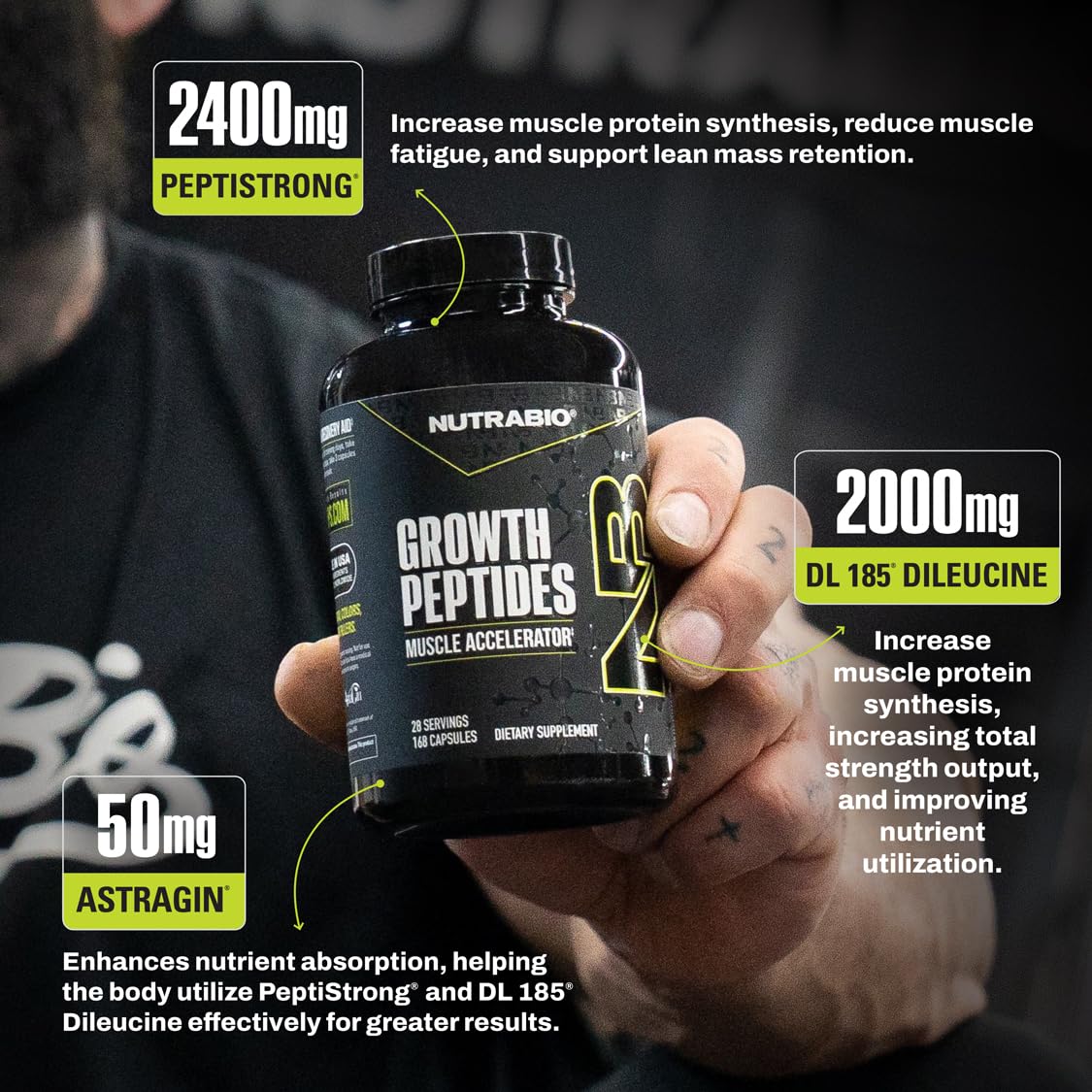 NutraBio Growth Peptides Muscle Accelerator features 2400mg Peptistrong for muscle growth. Perfect for daily use, available at Curat Cart.