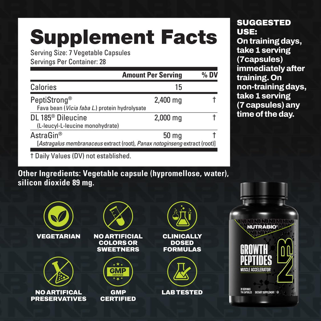 NutraBio Growth Peptides Muscle Accelerator in a sleek bottle, 100% Authentic, available at Curat Cart in India.
