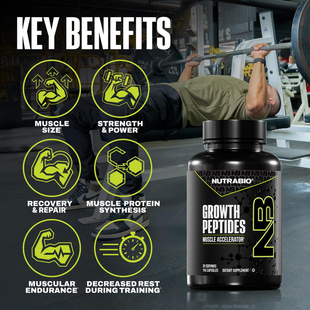 NutraBio Growth Peptides Muscle Accelerator in high-quality packaging, showcasing muscle benefits. Available at Curat Cart.