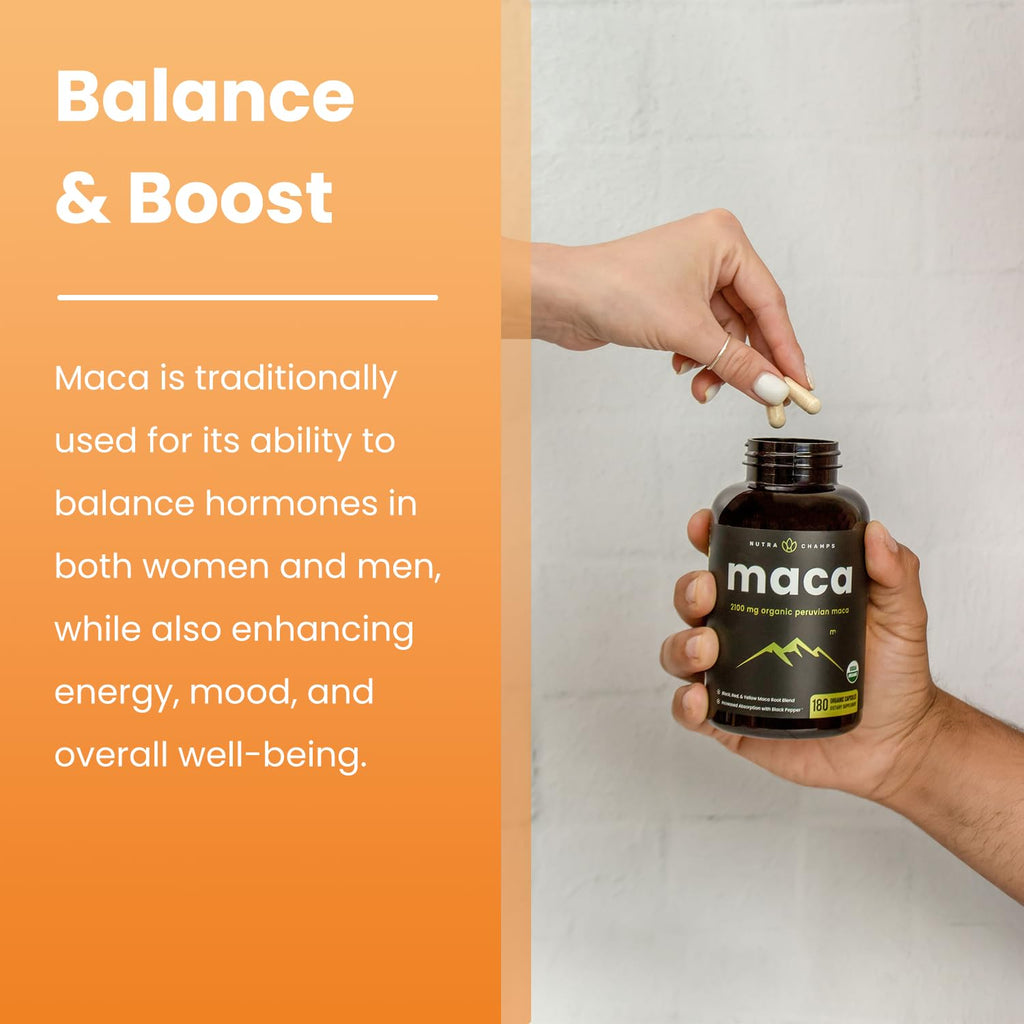 NutraChamps Organic Maca Root Capsules, 100% Authentic, available at Curat Cart for hormone balance and overall well-being.