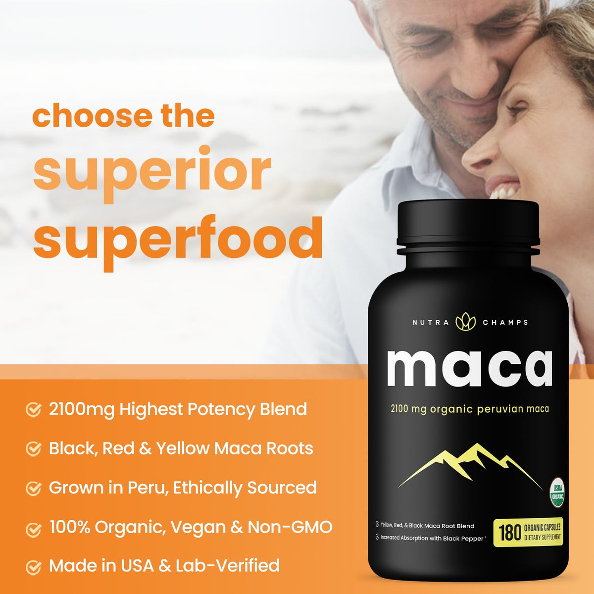 NutraChamps Organic Maca Root Capsules in official packaging, featuring 2100mg potency and 100% vegan ingredients. Available at Curat Cart.