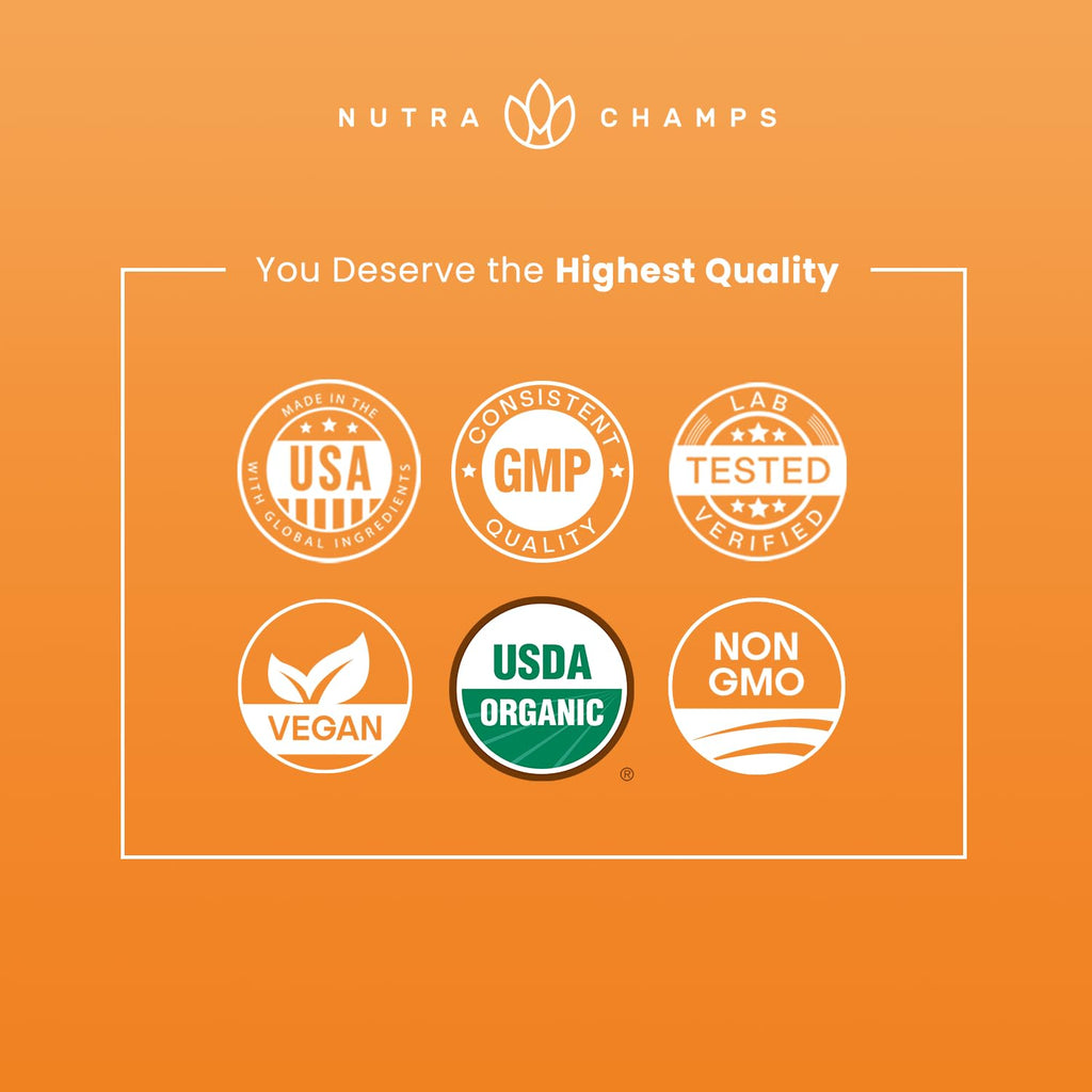NutraChamps Organic Maca Root Capsules showcase premium imported quality seals, ensuring vegan and USDA organic standards. Available at Curat Cart.