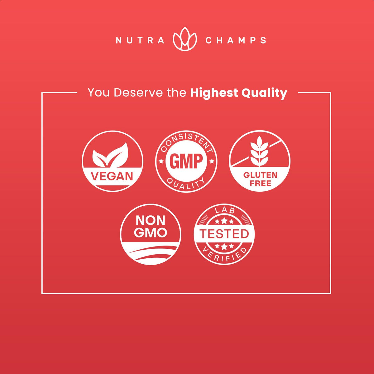NutraChamps Vitamin B Complex Gummies feature high-quality seals: Vegan, Gluten-Free, Non-GMO, ensuring premium quality. Available at Curat Cart.