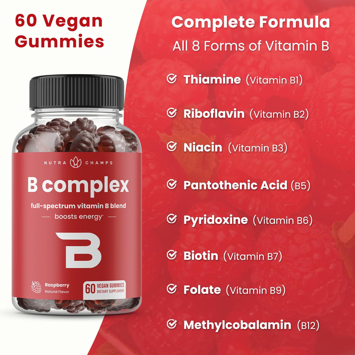 NutraChamps Vitamin B Complex Gummies in raspberry flavor, perfect for daily use. Boost your energy with Curat Cart's premium selection.