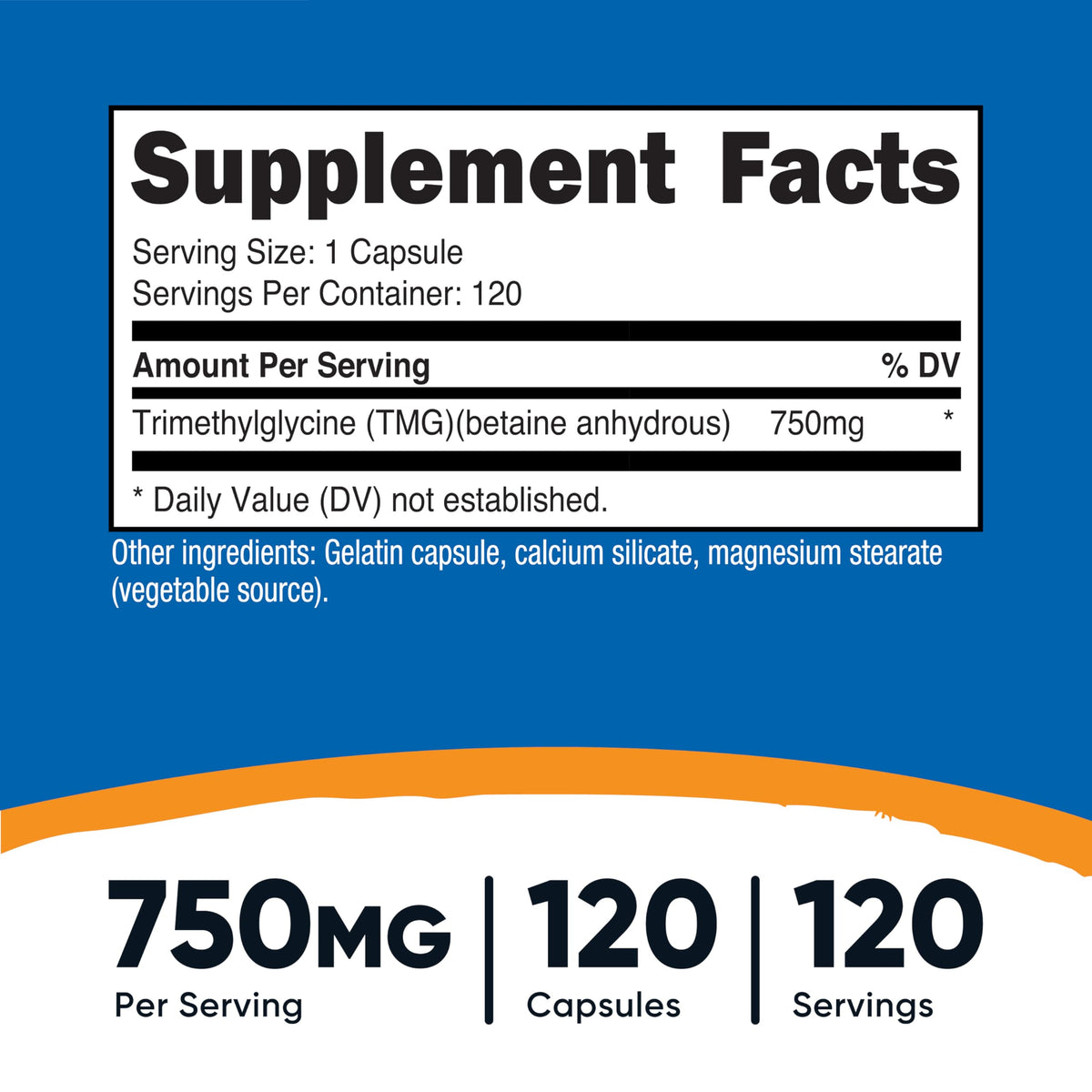Nutricost TMG supplement facts showing 750mg per capsule. Order online for delivery in India today.