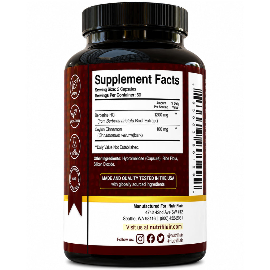 NutriFlair Berberine HCl Capsules in high-quality packaging, available at Curat Cart for optimized health benefits.