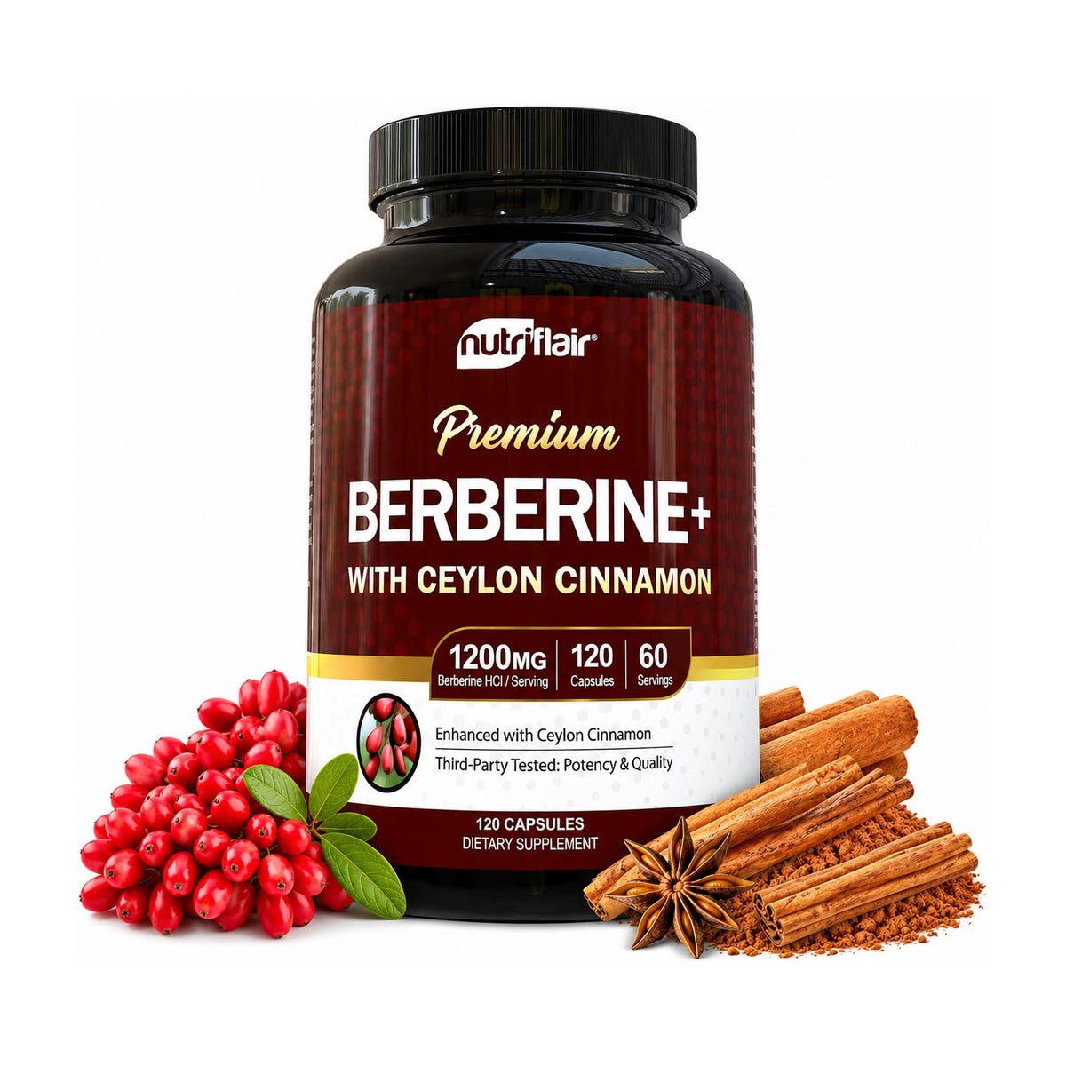 NutriFlair Berberine HCl Capsules, a premium import enriched with Ceylon cinnamon, available at Curat Cart. Perfect for health enthusiasts.
