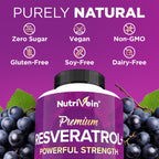 Nutrivein Pure Resveratrol Supplement showcases premium imported quality with zero sugar, vegan, and gluten-free features. Available at Curat Cart.