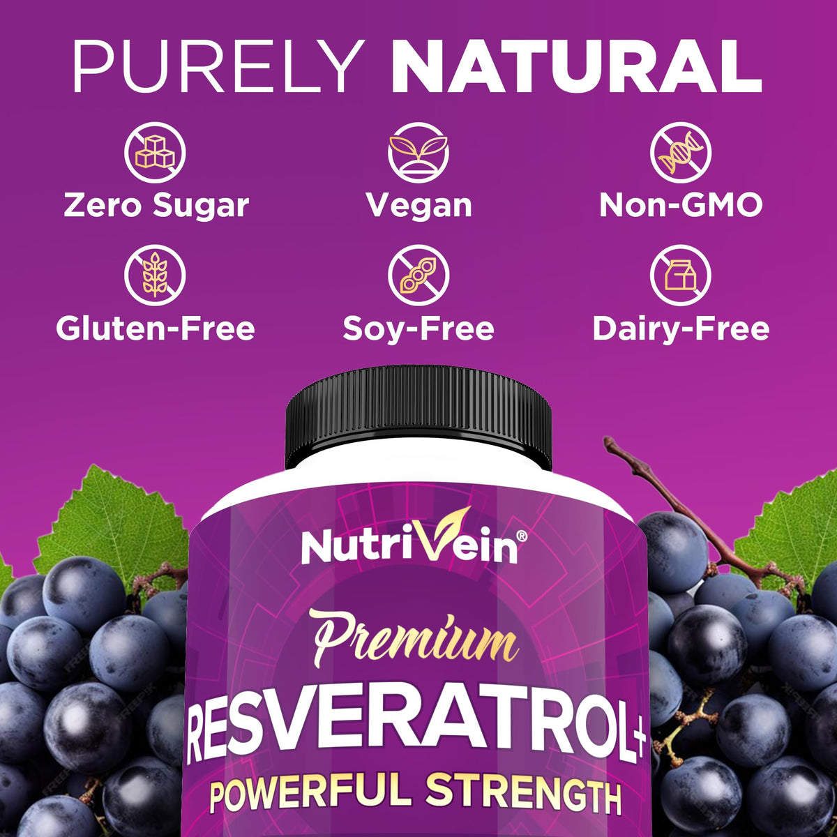 Nutrivein Pure Resveratrol Supplement showcases premium imported quality with zero sugar, vegan, and gluten-free features. Available at Curat Cart.