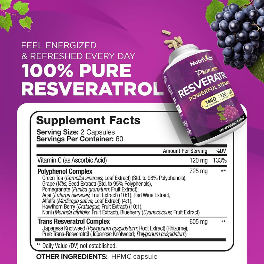 Nutrivein Pure Resveratrol Supplement, 100% authentic, energize your day. Available at Curat Cart in India.