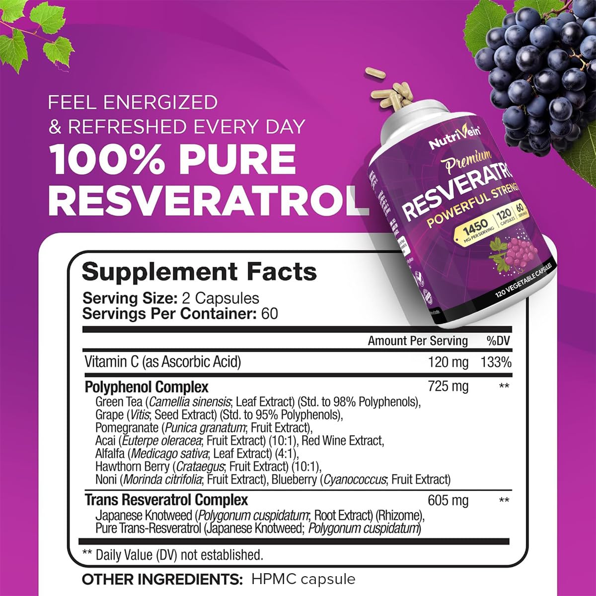 Nutrivein Pure Resveratrol Supplement, 100% authentic, energize your day. Available at Curat Cart in India.
