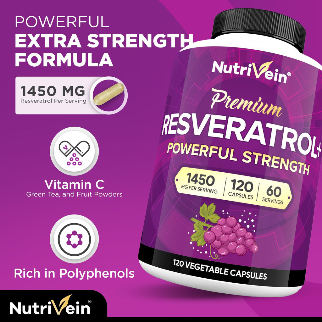 Nutrivein Pure Resveratrol Supplement in official packaging, featuring 1450 MG per serving and rich in polyphenols. Available at Curat Cart.