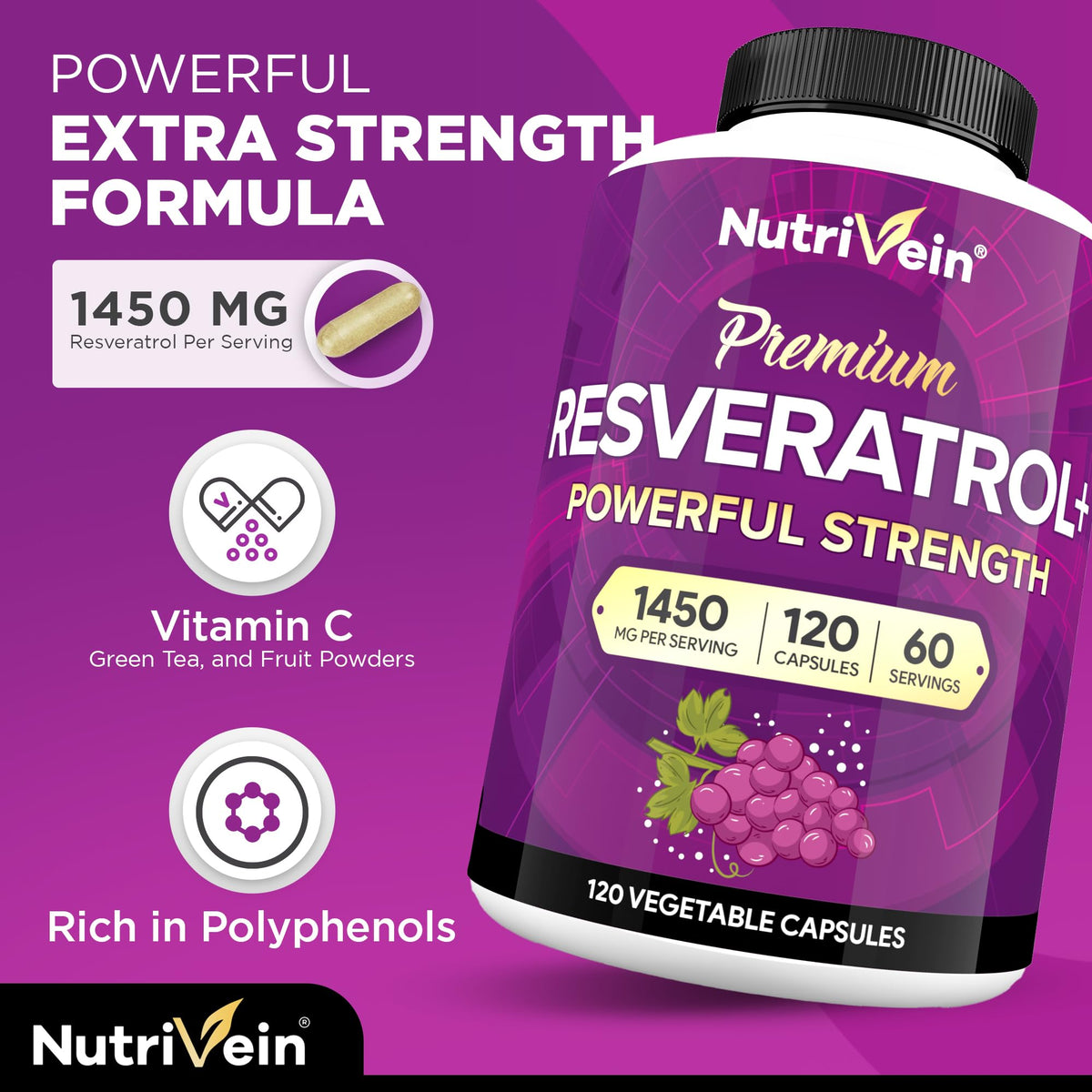 Nutrivein Pure Resveratrol Supplement in official packaging, featuring 1450 MG per serving and rich in polyphenols. Available at Curat Cart.