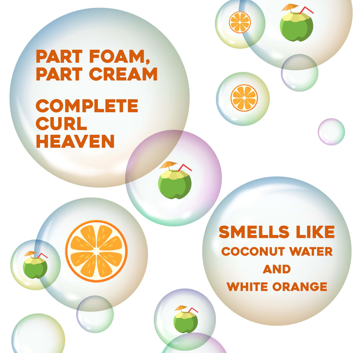 Vibrant bubbles feature OGX Coconut Curls Mousse, highlighting its unique scent of coconut water and white orange.