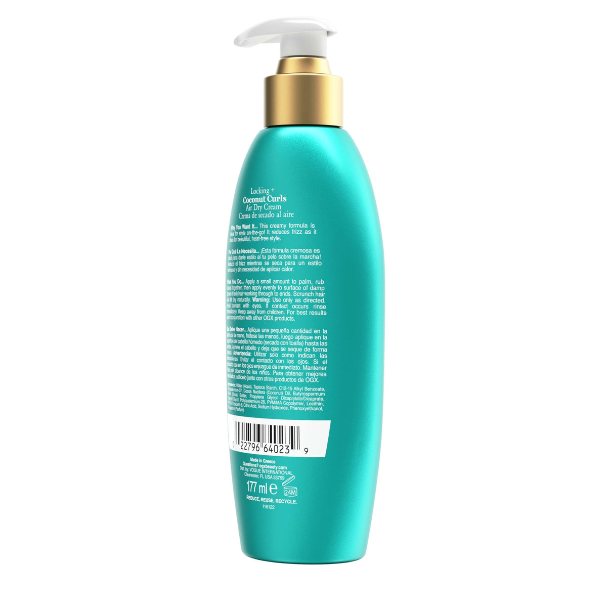 Discover the OGX Coconut Curls Air Dry Cream in its original turquoise packaging, designed for luscious, defined curls.