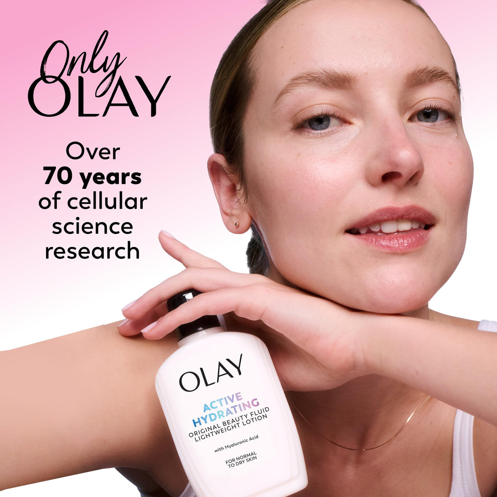 A model showcases Olay Active Hydrating Face Moisturizer, promoting trusted skincare with 70+ years of research.