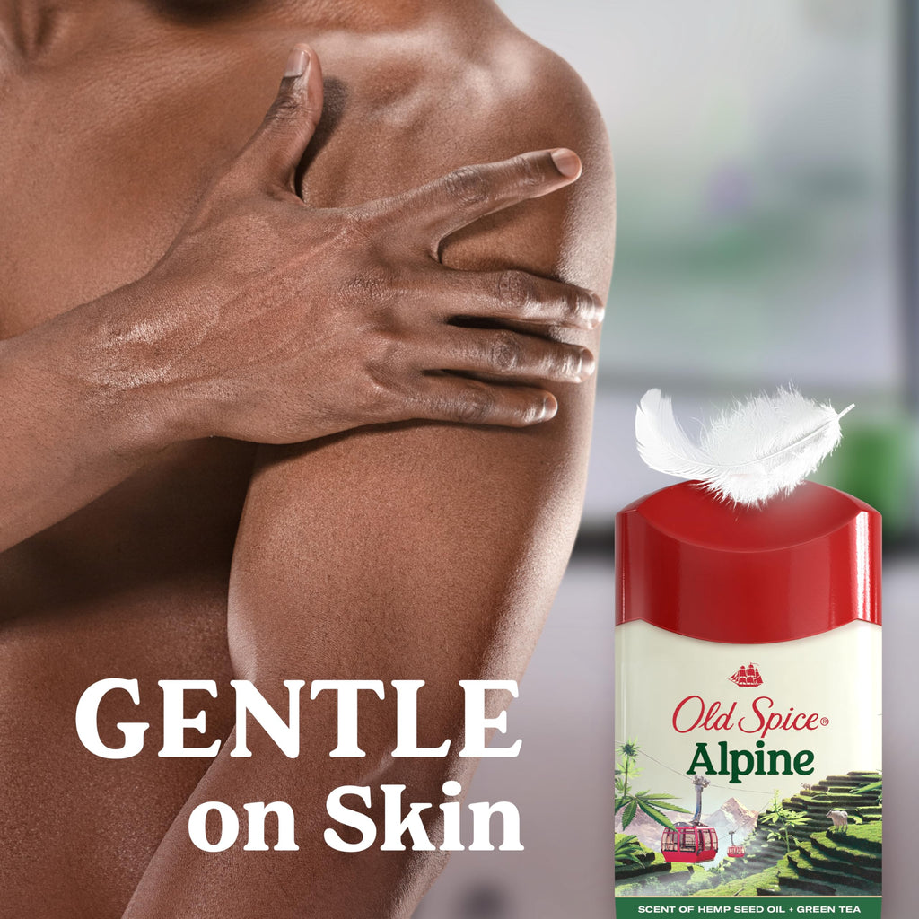 Old Spice Alpine Antiperspirant & Deodorant, gentle on skin, featuring a refreshing scent of hemp seed oil and green tea.