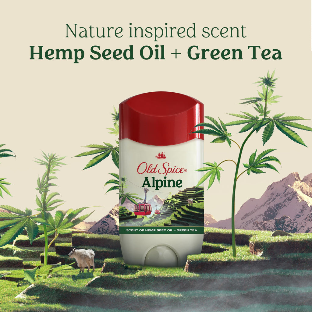 Old Spice Alpine Antiperspirant featuring a nature-inspired design with hemp seed oil and green tea scent, promoting freshness.