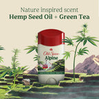 Old Spice Alpine Antiperspirant featuring a nature-inspired design with hemp seed oil and green tea scent, promoting freshness.