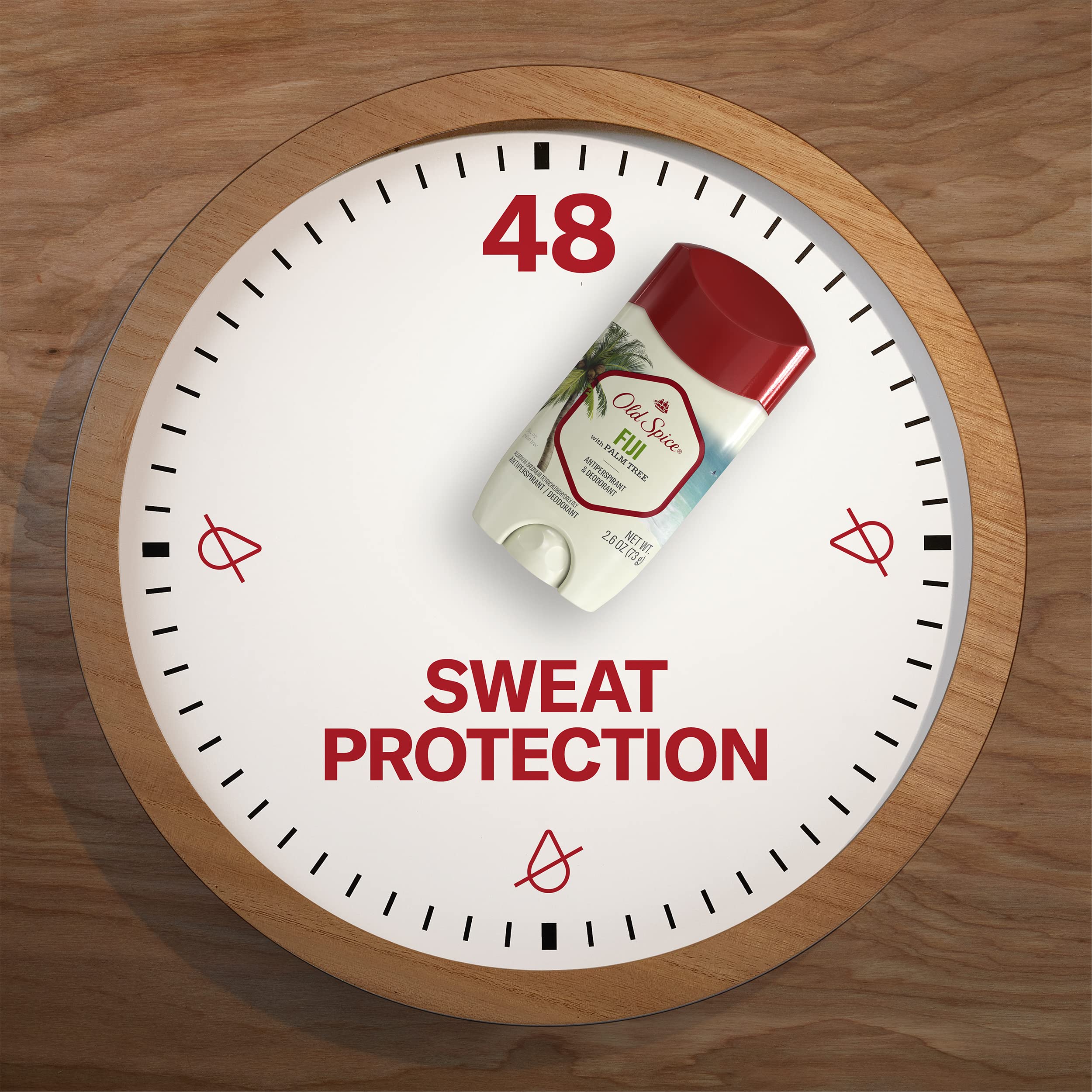 Old Spice Antiperspirant & Deodorant on a wooden clock face, promising 48 hours of authentic sweat protection.