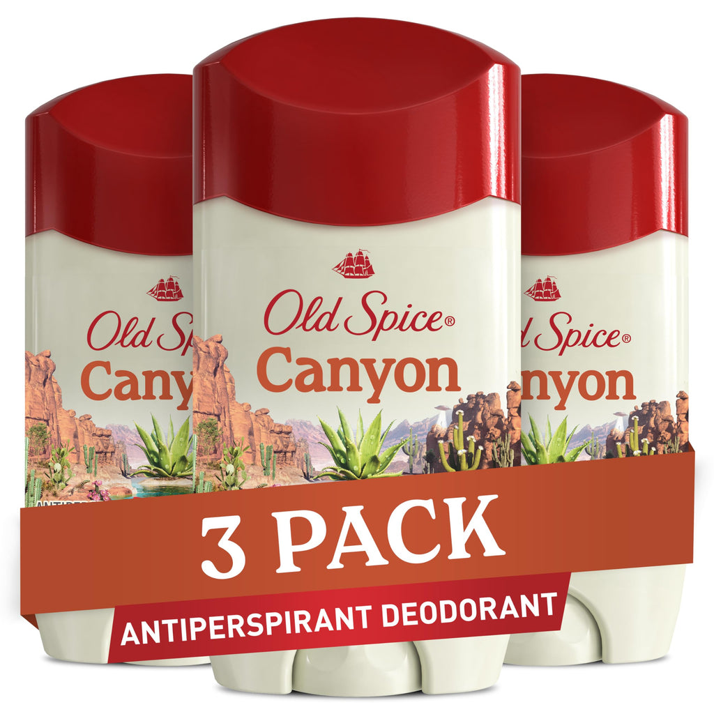 Three-pack of Old Spice Canyon Antiperspirant & Deodorant featuring original packaging, perfect for long-lasting freshness.