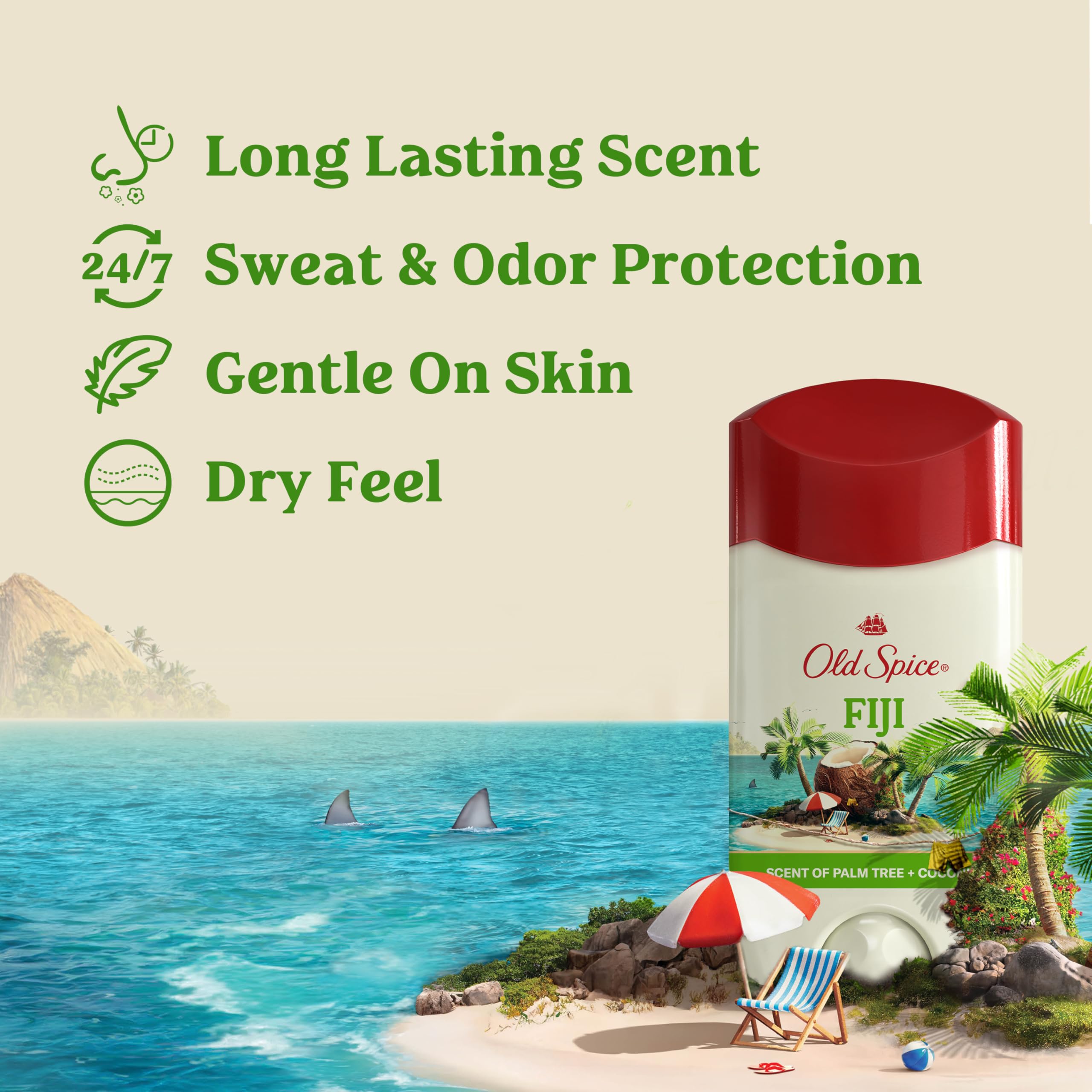 Old Spice Fiji antiperspirant offers long-lasting scent and 24/7 sweat and odor protection. Gentle on skin for a dry feel.
