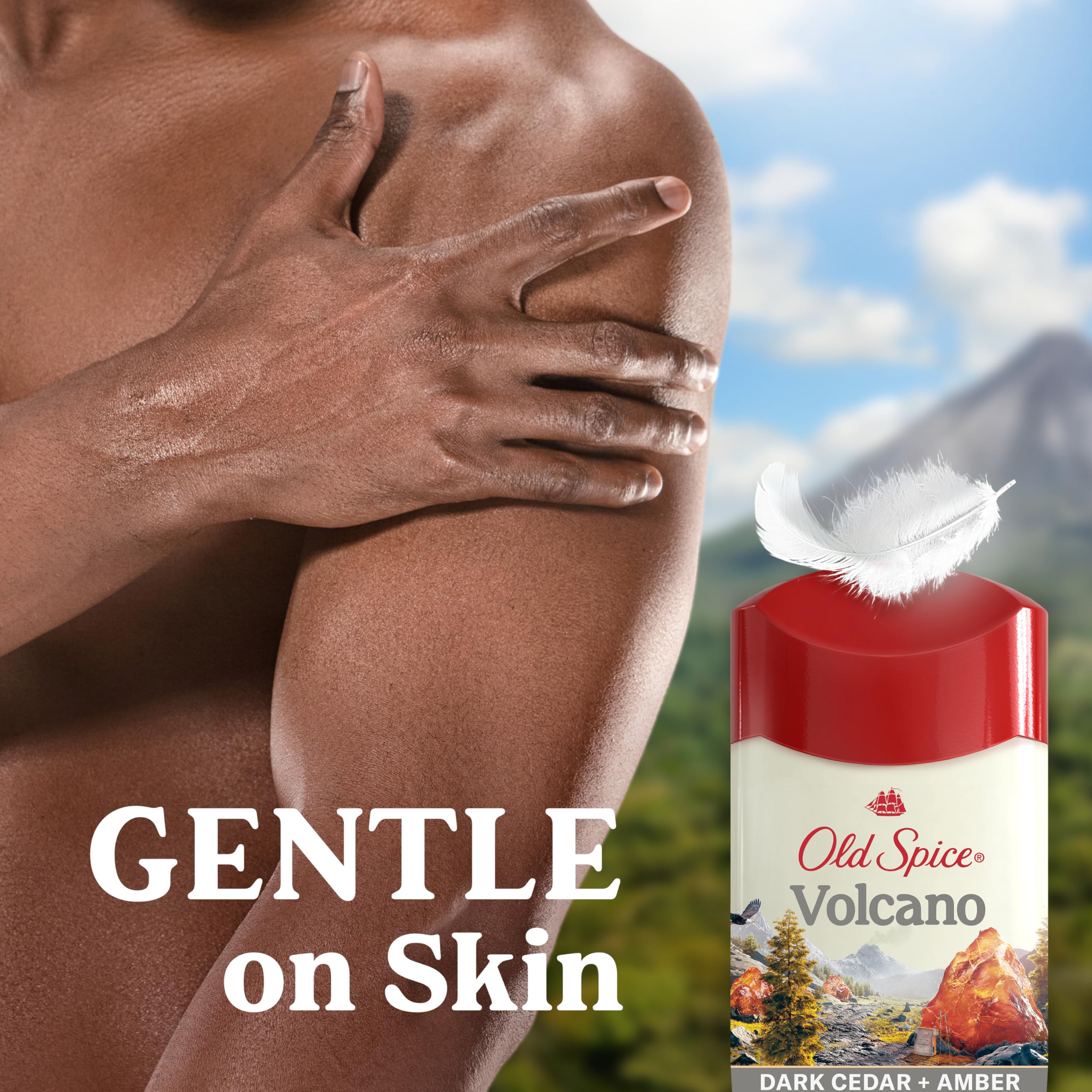 Old Spice Volcano antiperspirant with dark cedar and amber scent, shown on a model's skin, emphasizing gentle formulation.