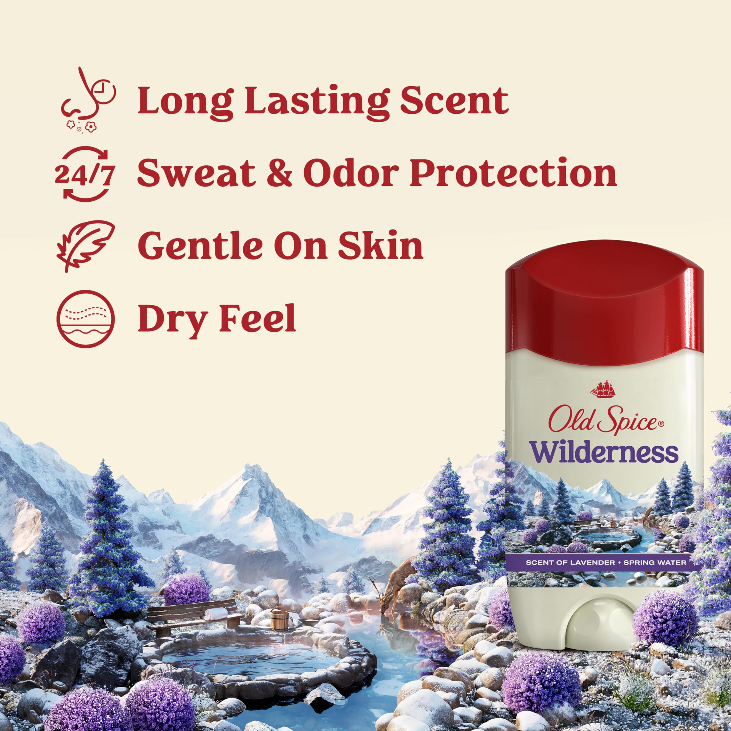 Old Spice Wilderness Antiperspirant offers long-lasting scent, 24/7 sweat and odor protection, and gentle feel on skin.