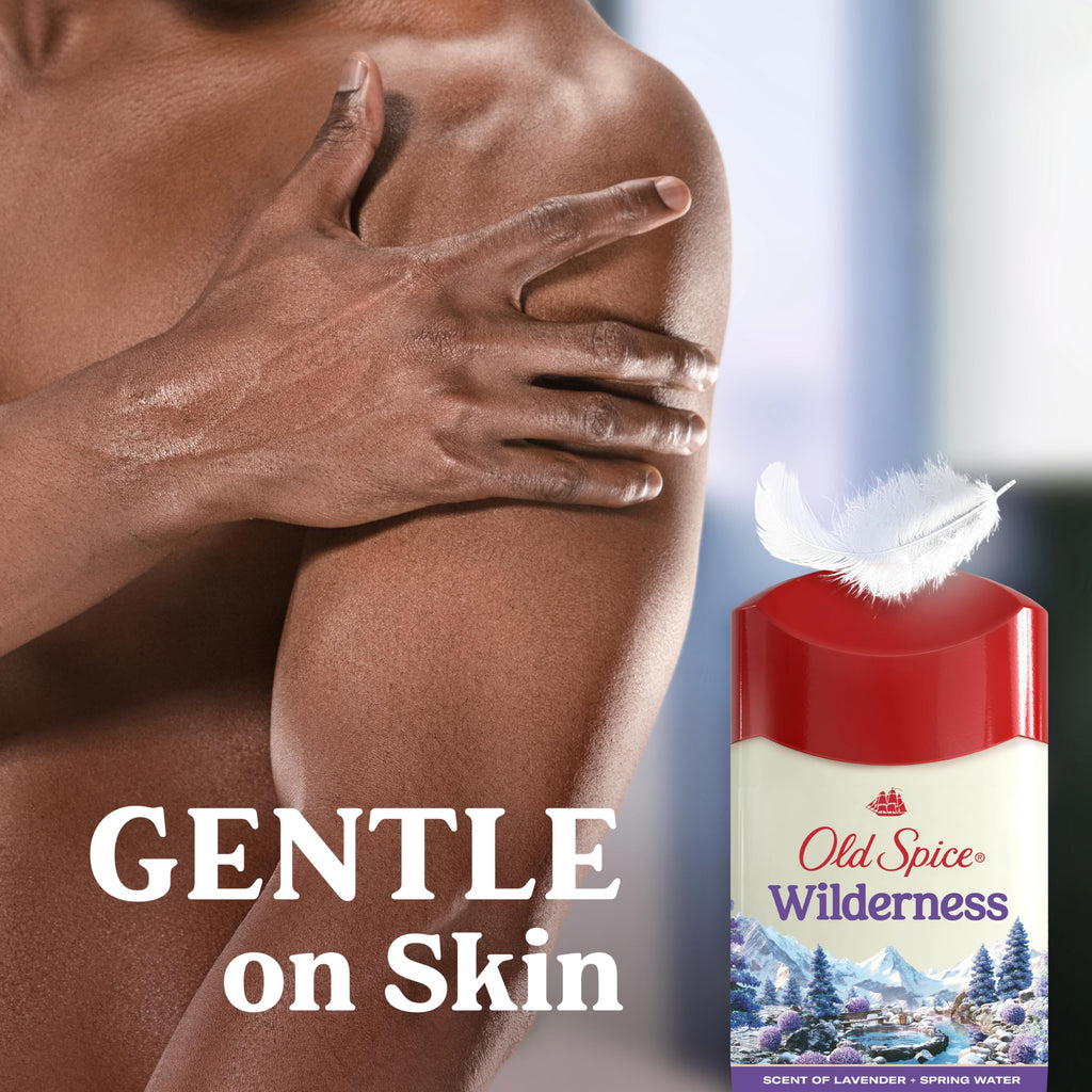 Old Spice Wilderness Antiperspirant with lavender scent, globally favored, gentle on skin for lasting freshness.