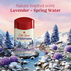 Old Spice Wilderness antiperspirant featuring a nature-inspired scent of lavender and spring water, displayed amid a scenic landscape.