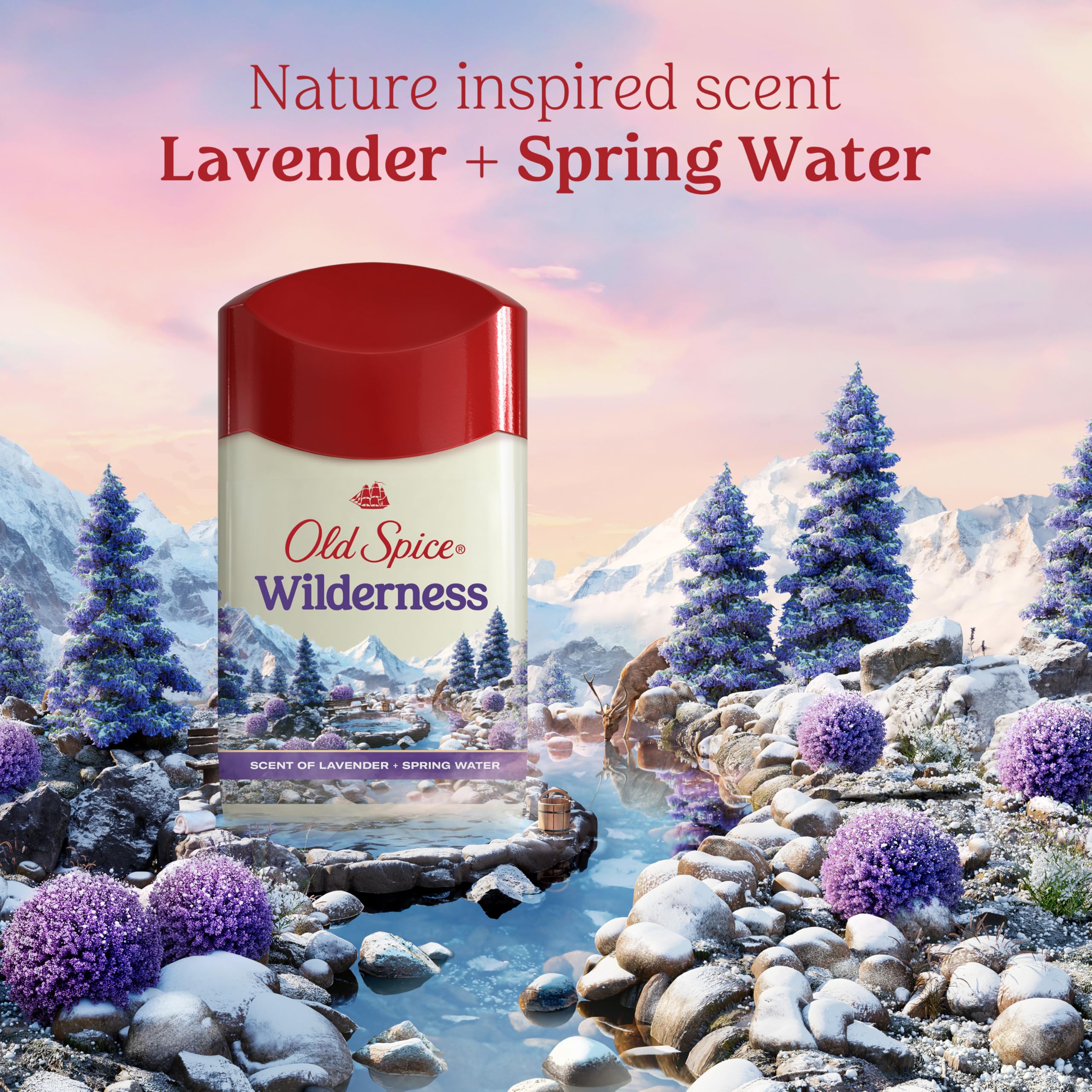 Old Spice Wilderness antiperspirant featuring a nature-inspired scent of lavender and spring water, displayed amid a scenic landscape.