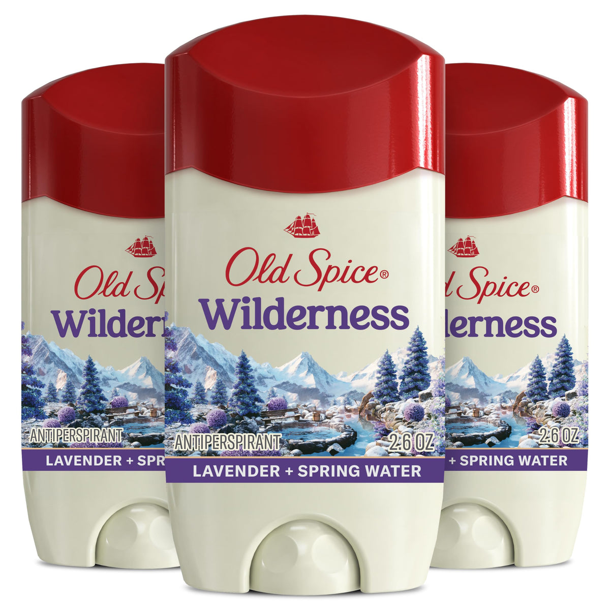 Experience authenticity with Old Spice Wilderness Antiperspirant, featuring lavender and spring water, 3-pack for lasting freshness.