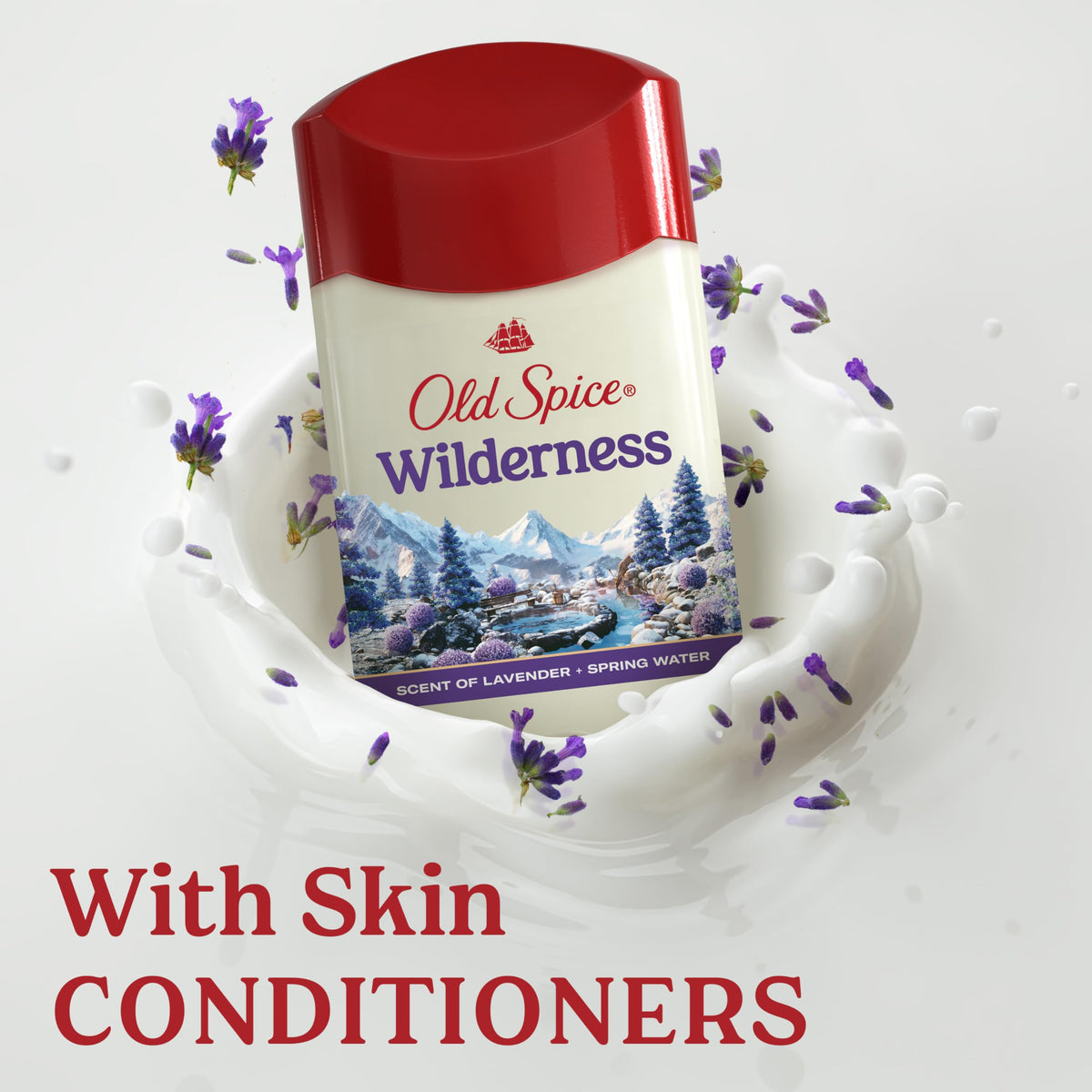 Old Spice Wilderness Antiperspirant showcases a mountain scene, lavender scent, and promises skin conditioning. Verified by CuratCart.