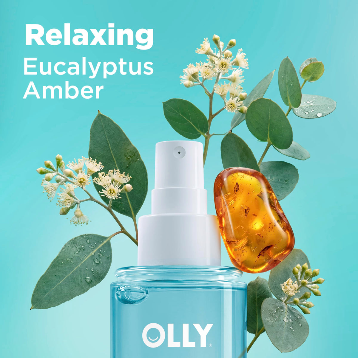 Discover the OLLY Calm Body Mist, featuring relaxing eucalyptus and amber notes, exclusively curated by Curat Cart.