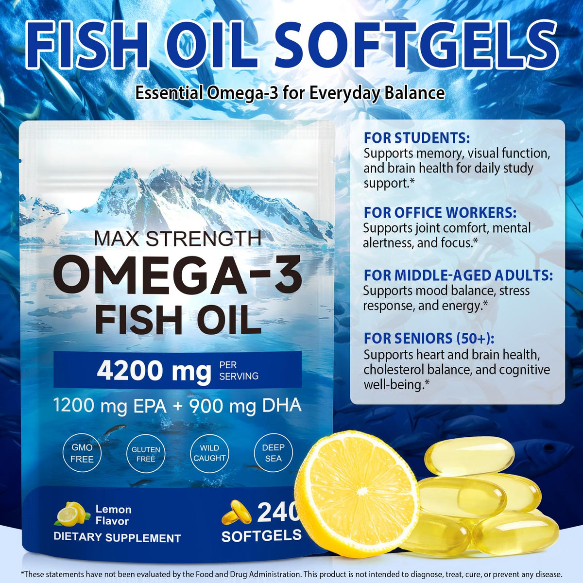 Max strength Omega 3 Fish Oil supplement offers 4200 mg per serving. 100% Authentic, available at Curat Cart in India.