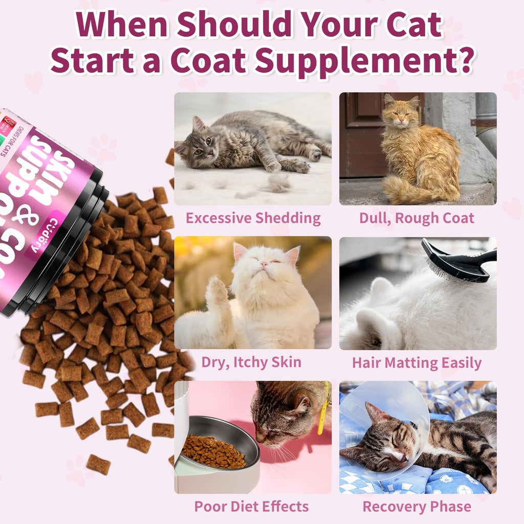 Diverse cats displaying skin and coat issues, promoting Omega 3 for Cats Skin Coat Support, a premium import available at Curat Cart.