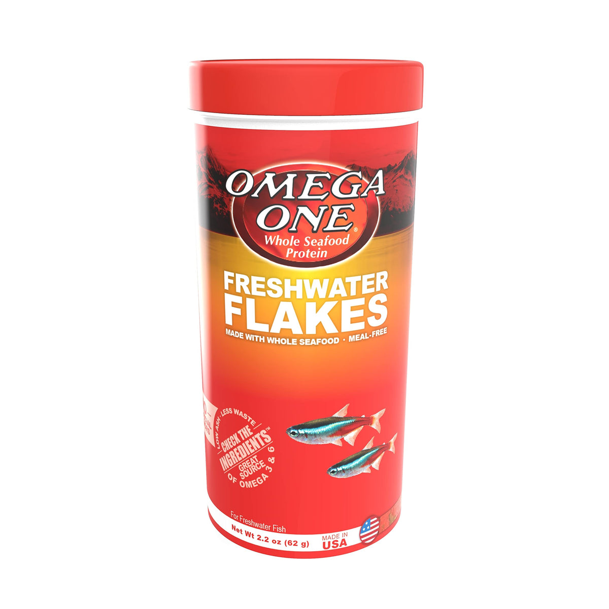 Premium imported Omega One Freshwater Flakes, made with whole seafood for healthy fish. Available at Curat Cart.