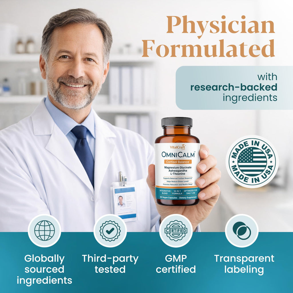 OmniCalm Cortisol Reducer Supplement in official packaging, featuring GMP certification and globally sourced ingredients. Available at Curat Cart.